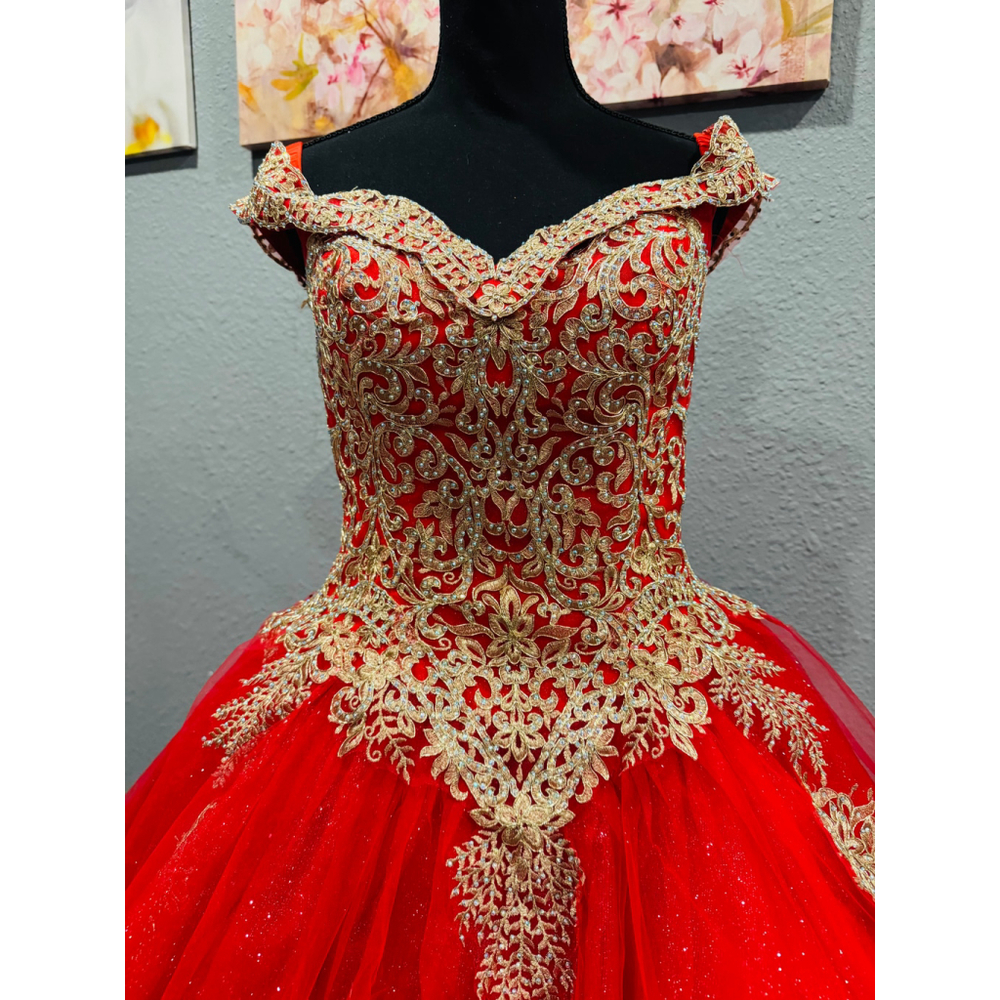 Chicas Red & Gold Ball Gown Dress | Size Large | Off-Shoulder Glitter Tulle - Picture 14 of 16
